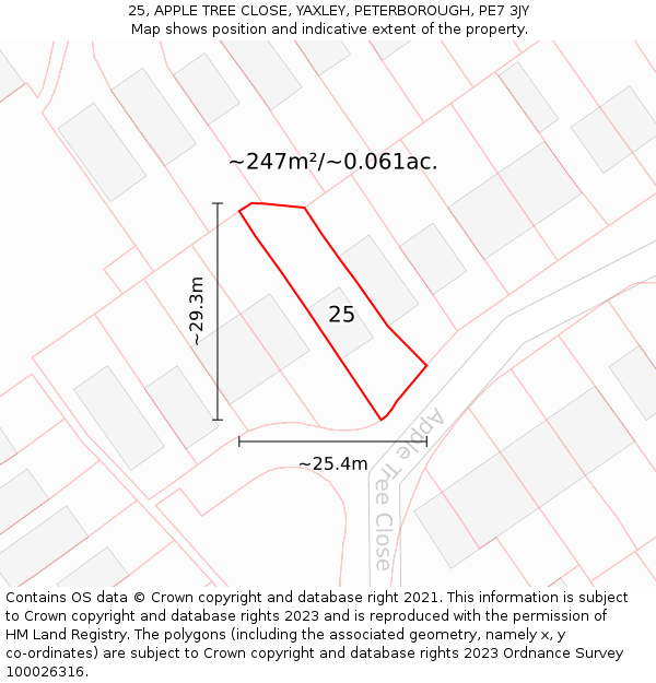 25, APPLE TREE CLOSE, YAXLEY, PETERBOROUGH, PE7 3JY: Plot and title map
