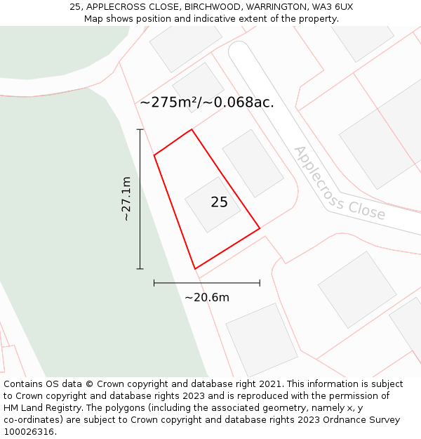 25, APPLECROSS CLOSE, BIRCHWOOD, WARRINGTON, WA3 6UX: Plot and title map