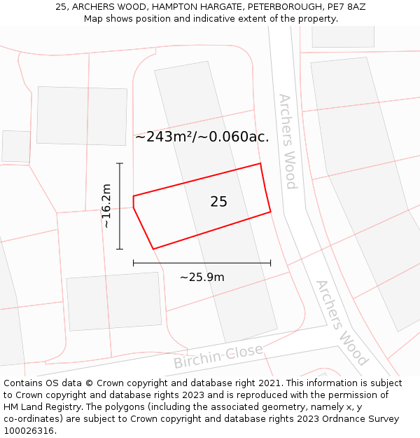 25, ARCHERS WOOD, HAMPTON HARGATE, PETERBOROUGH, PE7 8AZ: Plot and title map