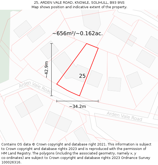 25, ARDEN VALE ROAD, KNOWLE, SOLIHULL, B93 9NS: Plot and title map