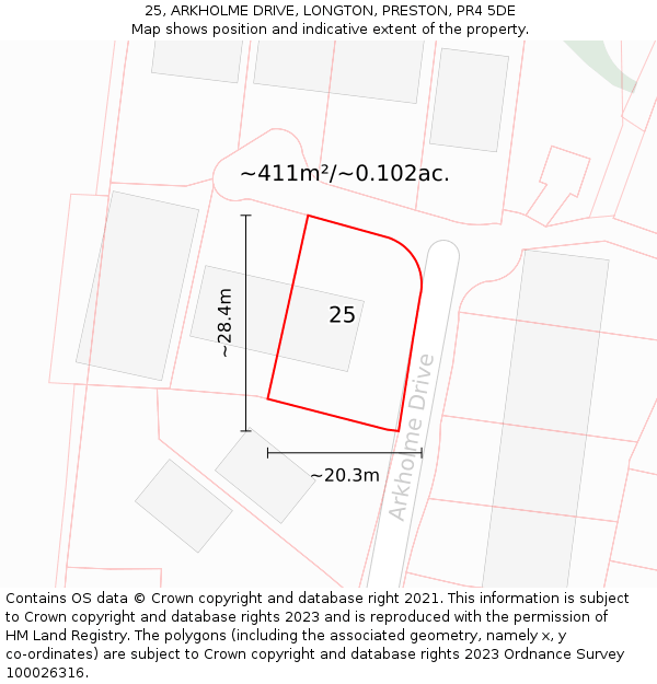 25, ARKHOLME DRIVE, LONGTON, PRESTON, PR4 5DE: Plot and title map