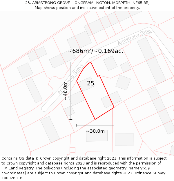 25, ARMSTRONG GROVE, LONGFRAMLINGTON, MORPETH, NE65 8BJ: Plot and title map