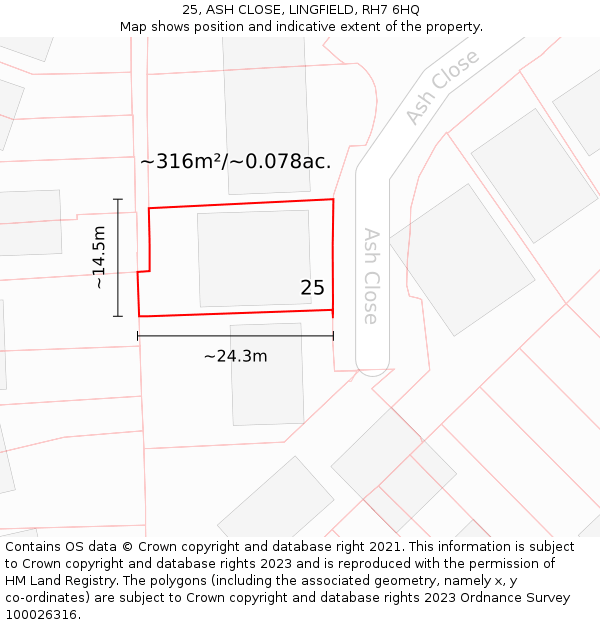 25, ASH CLOSE, LINGFIELD, RH7 6HQ: Plot and title map