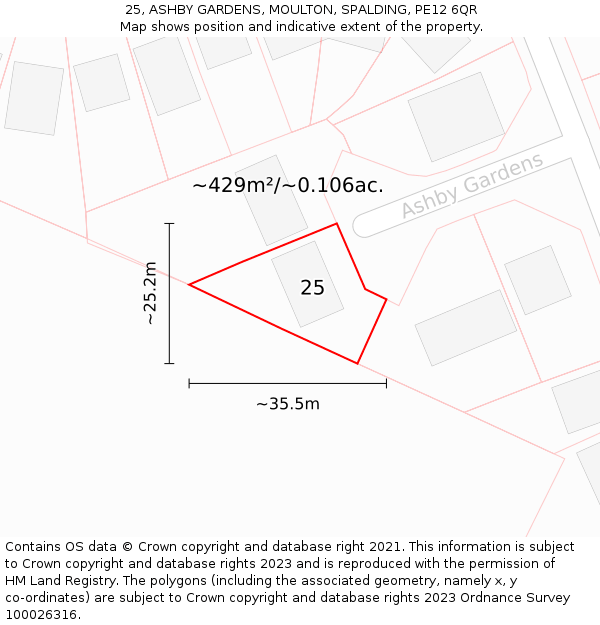 25, ASHBY GARDENS, MOULTON, SPALDING, PE12 6QR: Plot and title map