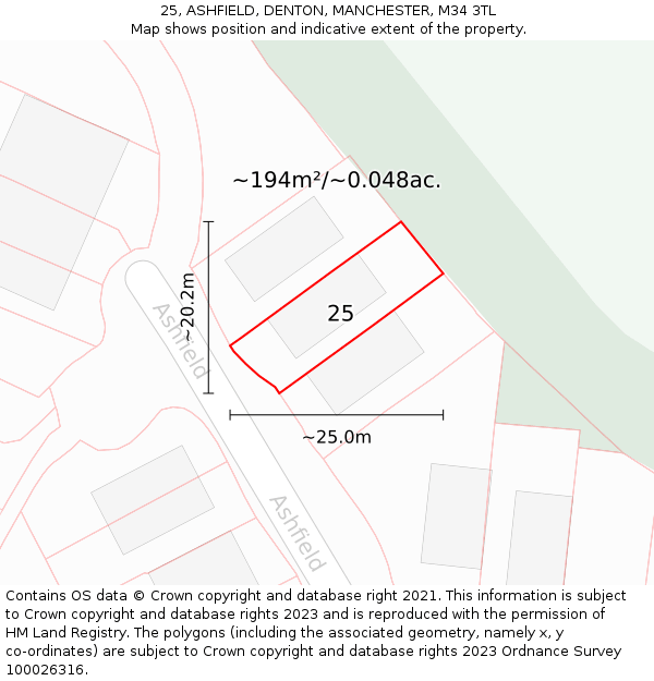25, ASHFIELD, DENTON, MANCHESTER, M34 3TL: Plot and title map