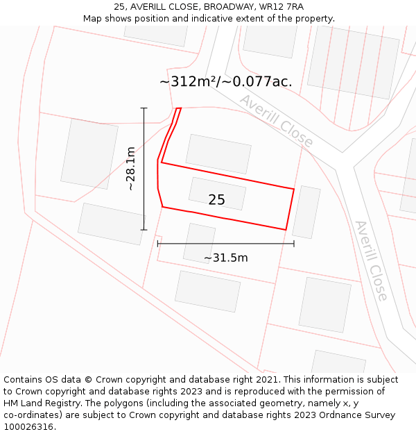 25, AVERILL CLOSE, BROADWAY, WR12 7RA: Plot and title map