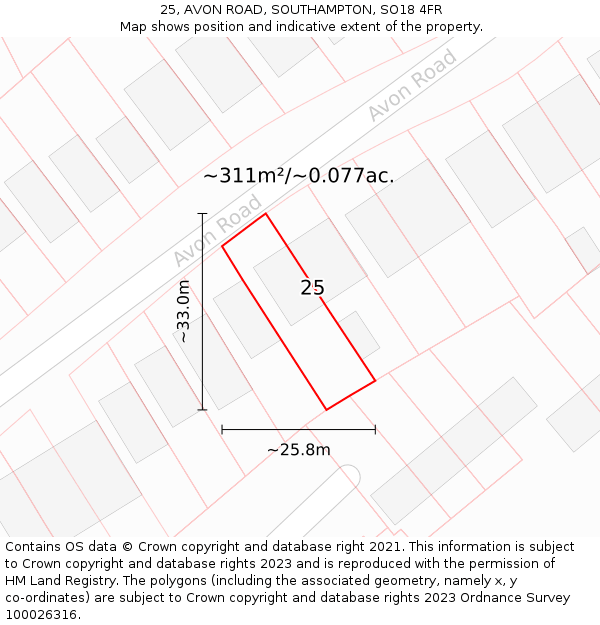 25, AVON ROAD, SOUTHAMPTON, SO18 4FR: Plot and title map