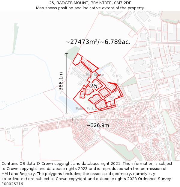 25, BADGER MOUNT, BRAINTREE, CM7 2DE: Plot and title map