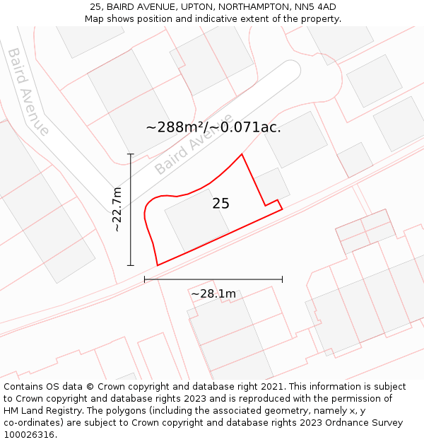 25, BAIRD AVENUE, UPTON, NORTHAMPTON, NN5 4AD: Plot and title map