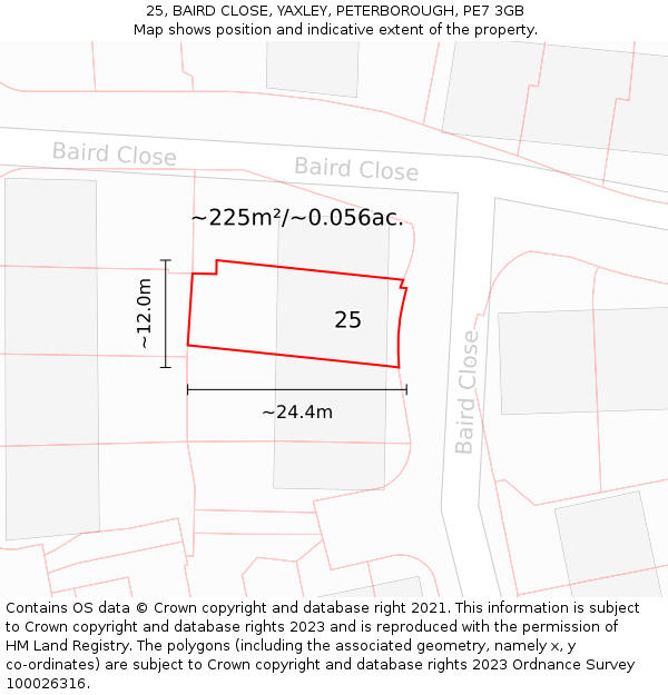 25, BAIRD CLOSE, YAXLEY, PETERBOROUGH, PE7 3GB: Plot and title map