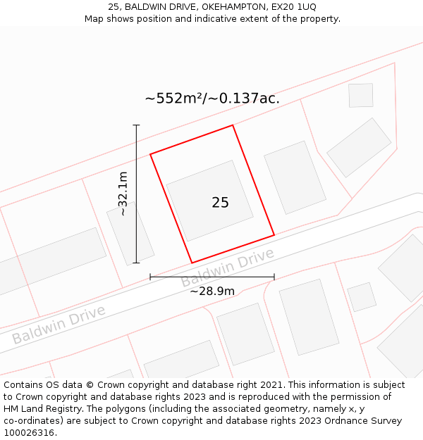 25, BALDWIN DRIVE, OKEHAMPTON, EX20 1UQ: Plot and title map