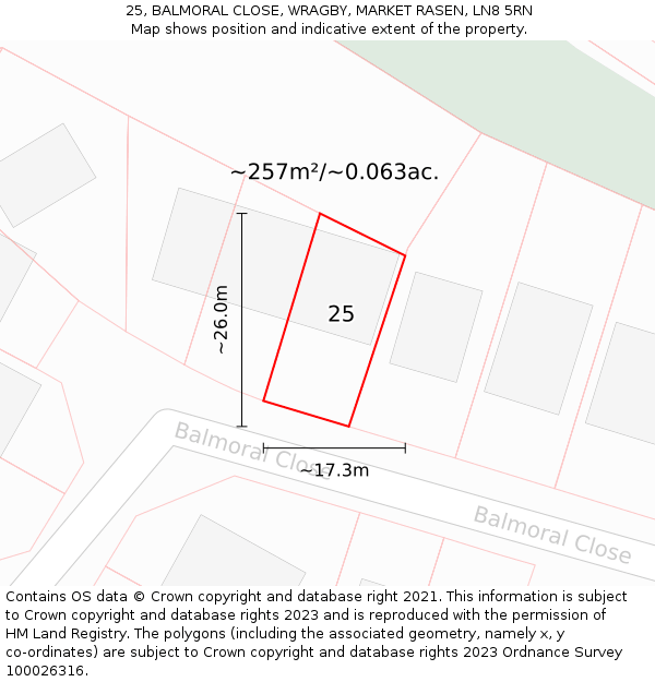 25, BALMORAL CLOSE, WRAGBY, MARKET RASEN, LN8 5RN: Plot and title map