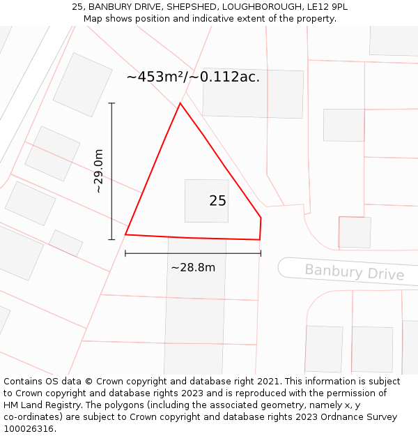 25, BANBURY DRIVE, SHEPSHED, LOUGHBOROUGH, LE12 9PL: Plot and title map