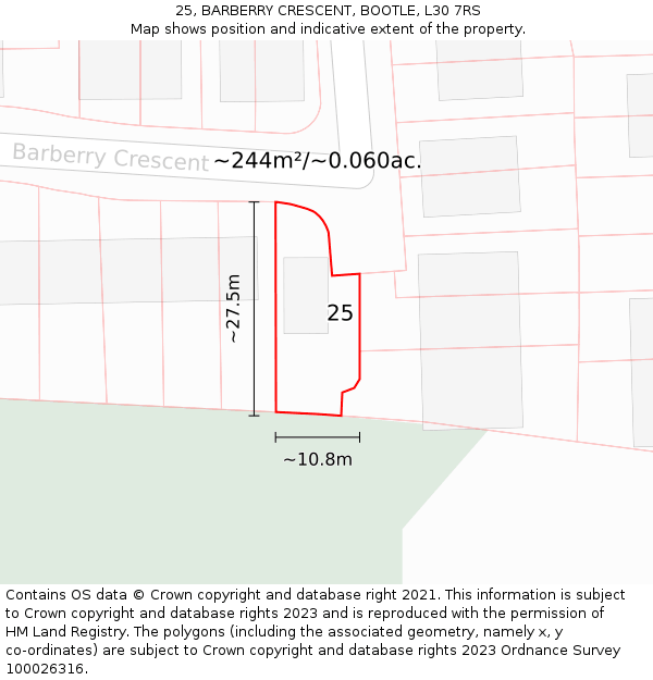 25, BARBERRY CRESCENT, BOOTLE, L30 7RS: Plot and title map