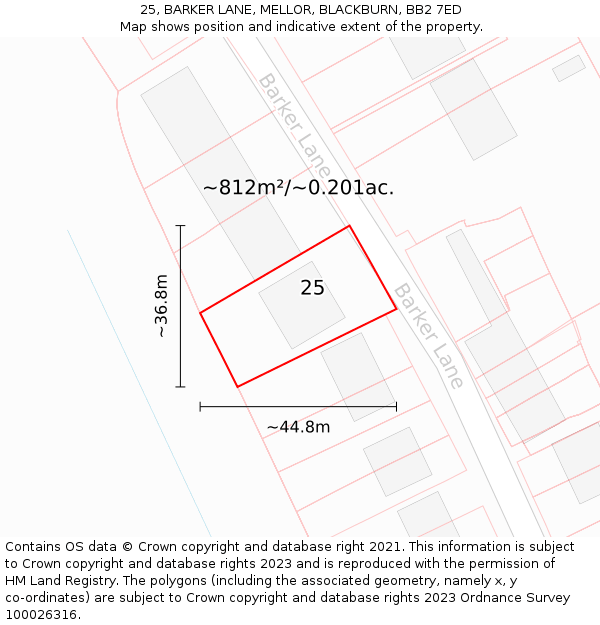 25, BARKER LANE, MELLOR, BLACKBURN, BB2 7ED: Plot and title map