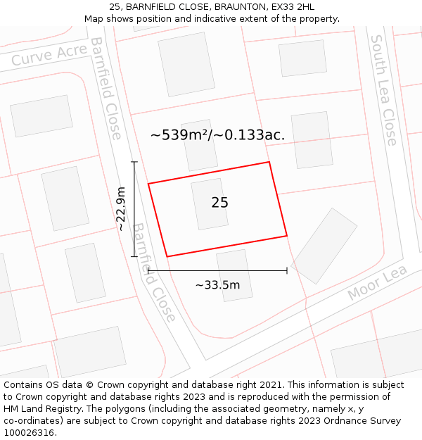 25, BARNFIELD CLOSE, BRAUNTON, EX33 2HL: Plot and title map