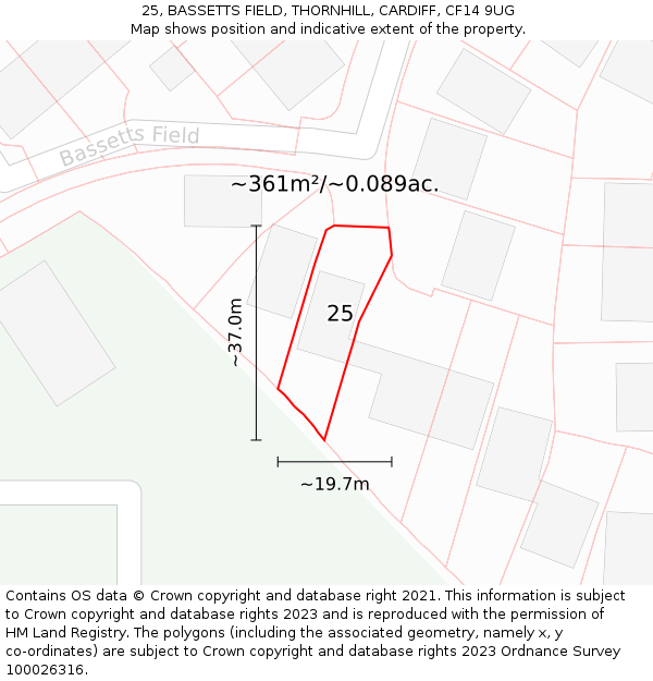 25, BASSETTS FIELD, THORNHILL, CARDIFF, CF14 9UG: Plot and title map