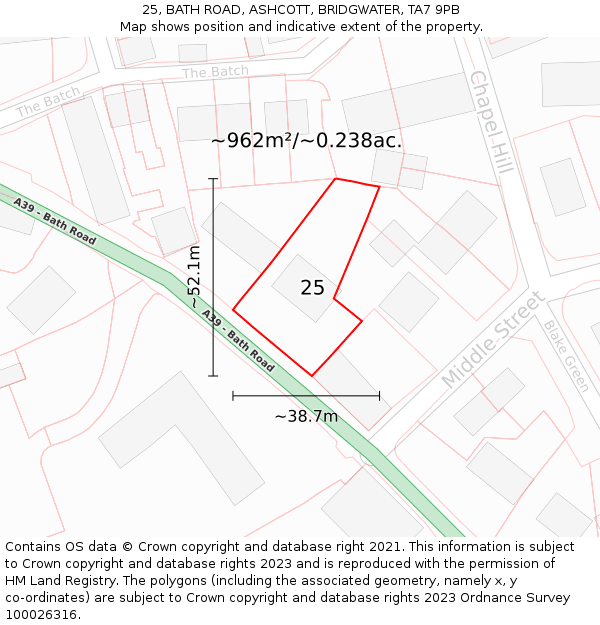 25, BATH ROAD, ASHCOTT, BRIDGWATER, TA7 9PB: Plot and title map
