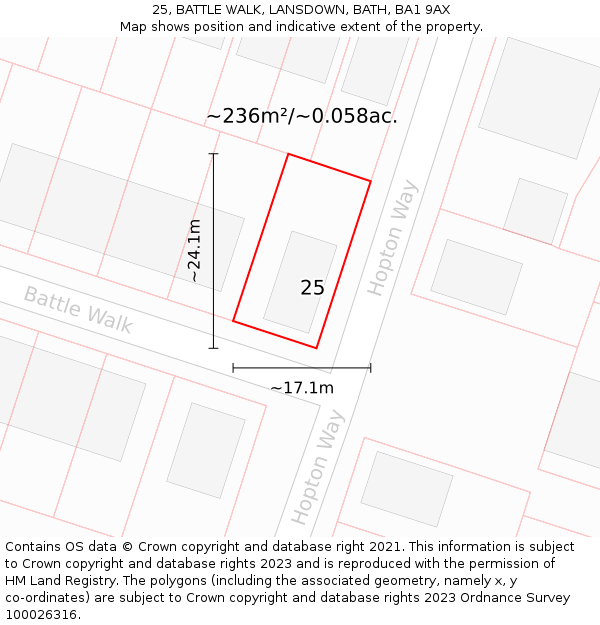 25, BATTLE WALK, LANSDOWN, BATH, BA1 9AX: Plot and title map