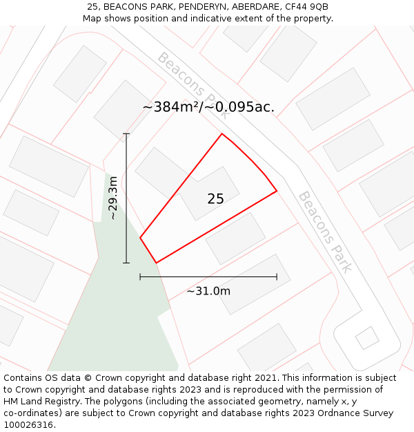 25, BEACONS PARK, PENDERYN, ABERDARE, CF44 9QB: Plot and title map