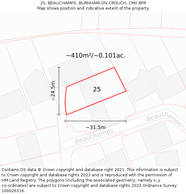 25, BEAUCHAMPS, BURNHAM-ON-CROUCH, CM0 8PR: Plot and title map