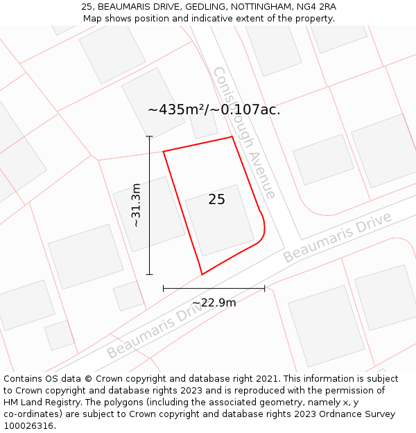 25, BEAUMARIS DRIVE, GEDLING, NOTTINGHAM, NG4 2RA: Plot and title map
