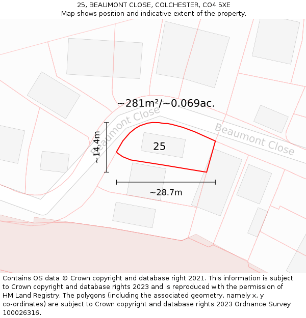 25, BEAUMONT CLOSE, COLCHESTER, CO4 5XE: Plot and title map