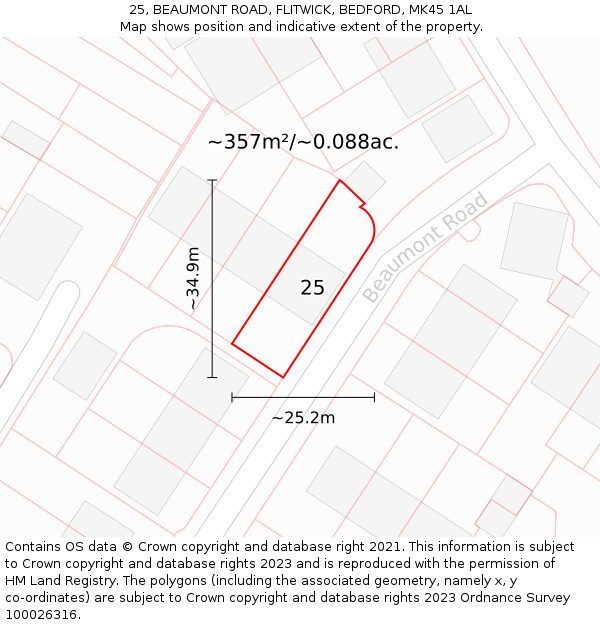 25, BEAUMONT ROAD, FLITWICK, BEDFORD, MK45 1AL: Plot and title map