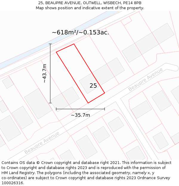 25, BEAUPRE AVENUE, OUTWELL, WISBECH, PE14 8PB: Plot and title map