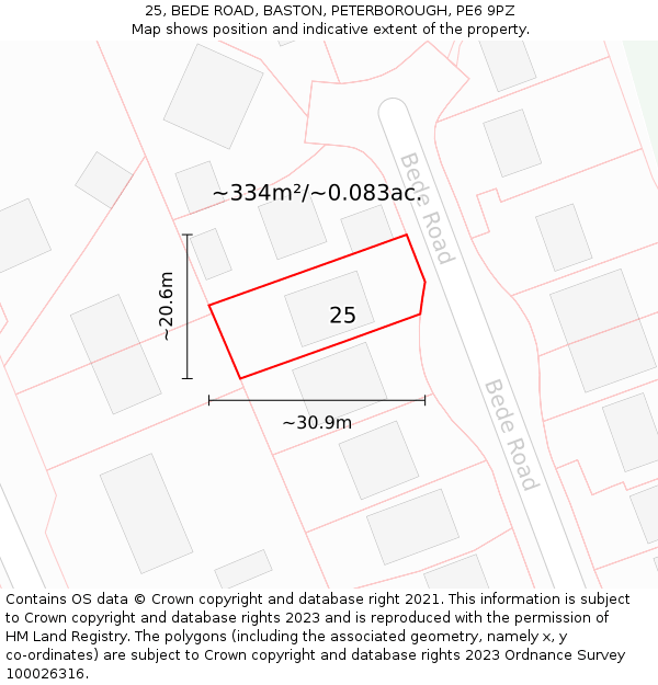 25, BEDE ROAD, BASTON, PETERBOROUGH, PE6 9PZ: Plot and title map