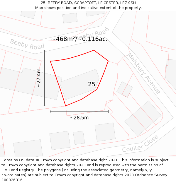 25, BEEBY ROAD, SCRAPTOFT, LEICESTER, LE7 9SH: Plot and title map