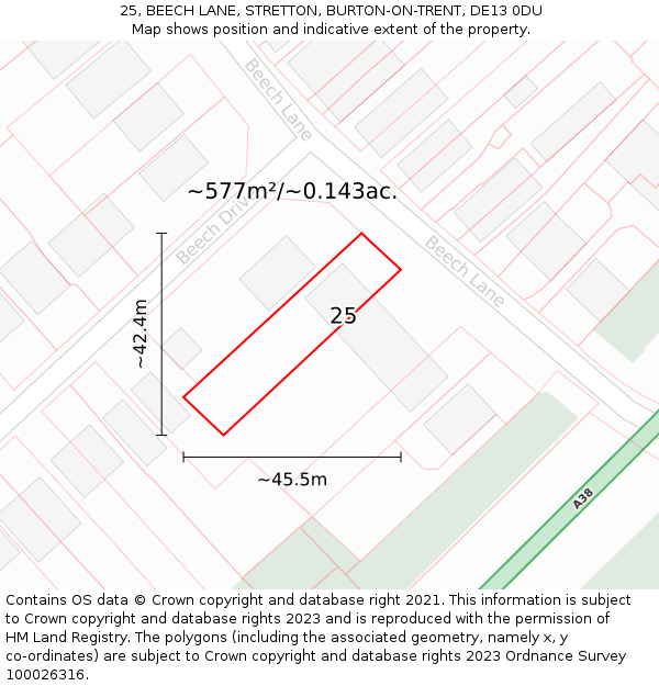 25, BEECH LANE, STRETTON, BURTON-ON-TRENT, DE13 0DU: Plot and title map
