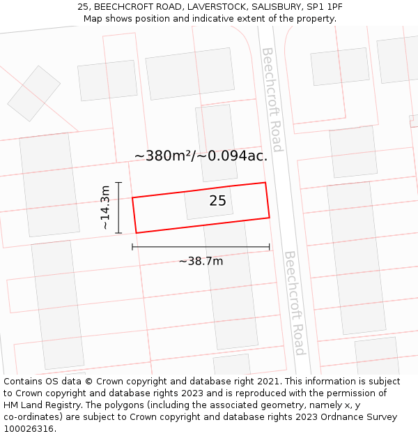 25, BEECHCROFT ROAD, LAVERSTOCK, SALISBURY, SP1 1PF: Plot and title map