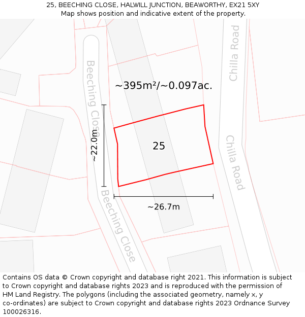 25, BEECHING CLOSE, HALWILL JUNCTION, BEAWORTHY, EX21 5XY: Plot and title map