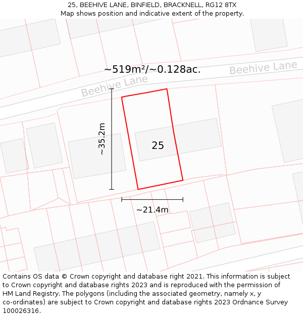 25, BEEHIVE LANE, BINFIELD, BRACKNELL, RG12 8TX: Plot and title map