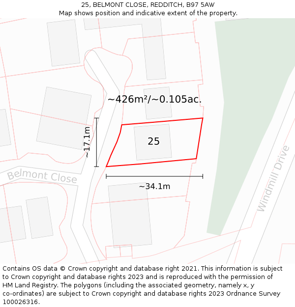 25, BELMONT CLOSE, REDDITCH, B97 5AW: Plot and title map
