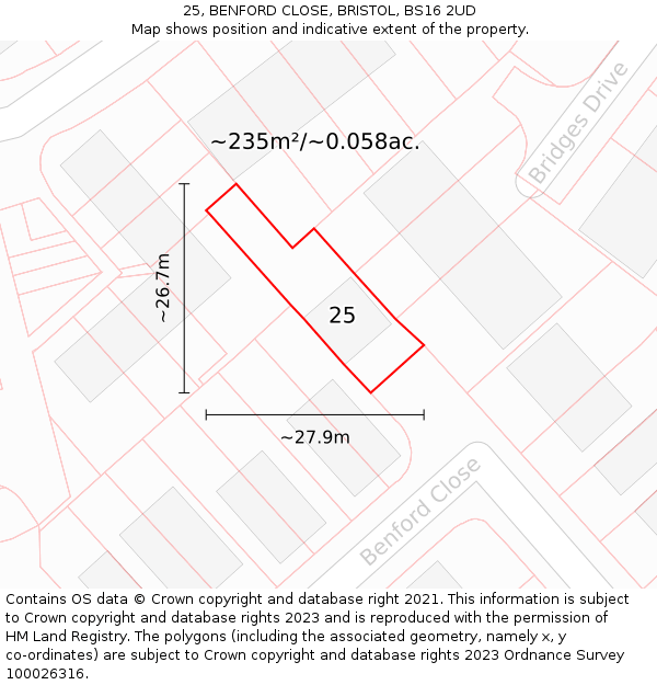 25, BENFORD CLOSE, BRISTOL, BS16 2UD: Plot and title map