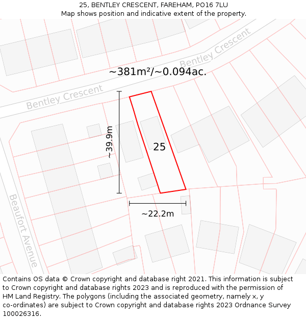 25, BENTLEY CRESCENT, FAREHAM, PO16 7LU: Plot and title map