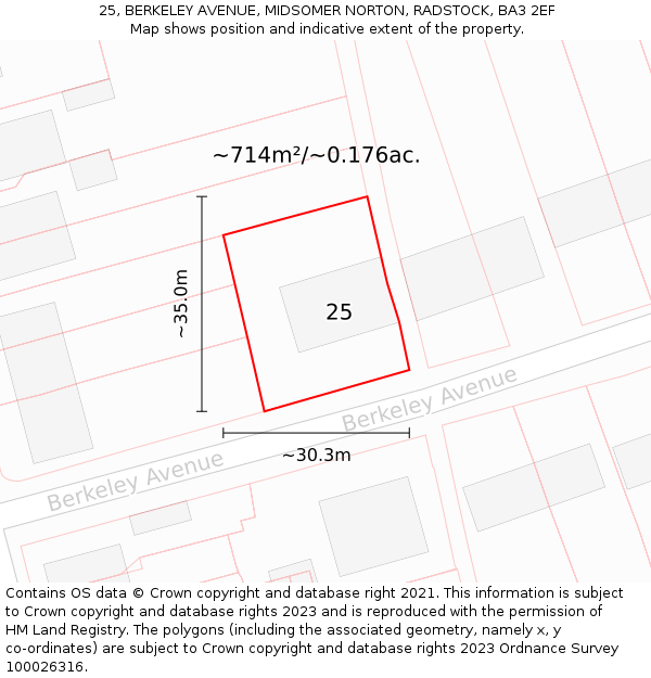25, BERKELEY AVENUE, MIDSOMER NORTON, RADSTOCK, BA3 2EF: Plot and title map