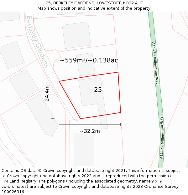 25, BERKELEY GARDENS, LOWESTOFT, NR32 4UF: Plot and title map