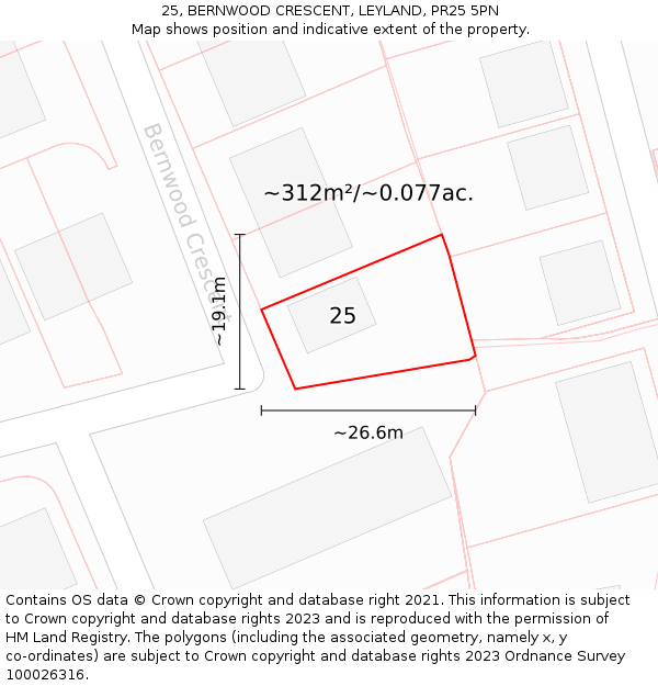 25, BERNWOOD CRESCENT, LEYLAND, PR25 5PN: Plot and title map