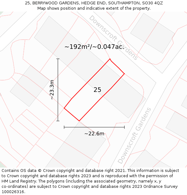 25, BERRYWOOD GARDENS, HEDGE END, SOUTHAMPTON, SO30 4QZ: Plot and title map