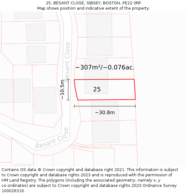 25, BESANT CLOSE, SIBSEY, BOSTON, PE22 0RP: Plot and title map