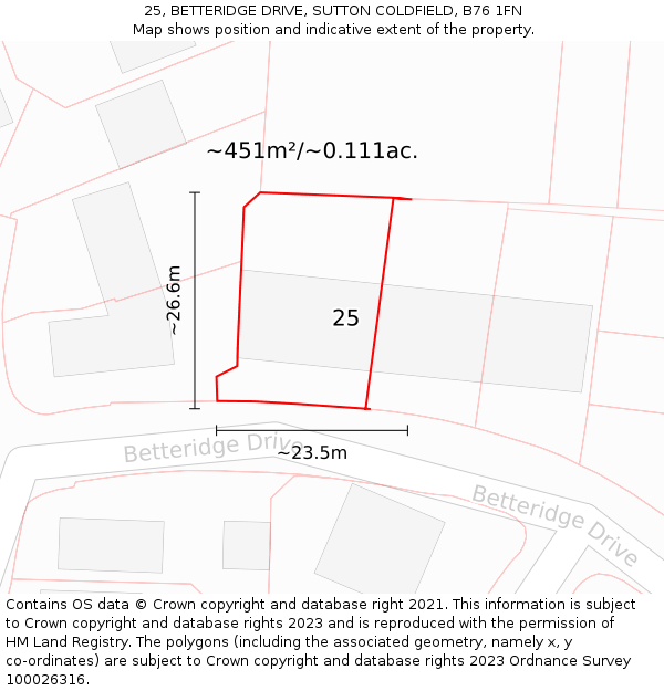 25, BETTERIDGE DRIVE, SUTTON COLDFIELD, B76 1FN: Plot and title map