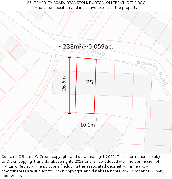 25, BEVERLEY ROAD, BRANSTON, BURTON-ON-TRENT, DE14 3GG: Plot and title map
