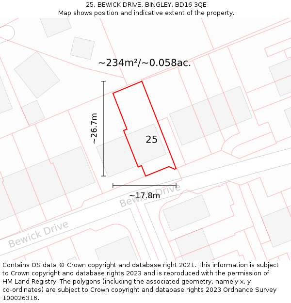 25, BEWICK DRIVE, BINGLEY, BD16 3QE: Plot and title map