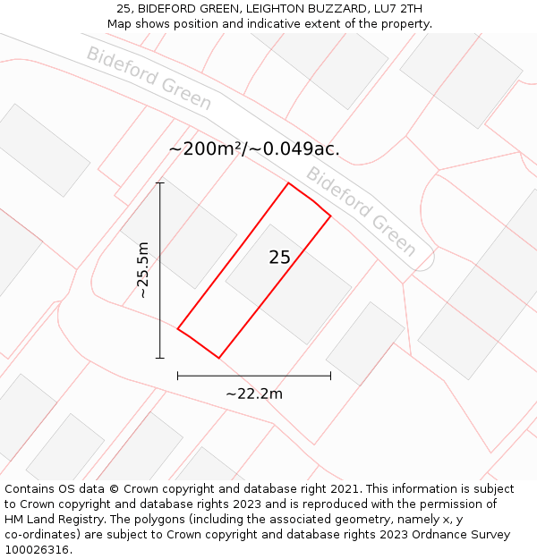 25, BIDEFORD GREEN, LEIGHTON BUZZARD, LU7 2TH: Plot and title map
