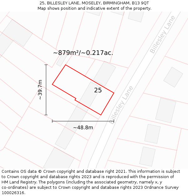 25, BILLESLEY LANE, MOSELEY, BIRMINGHAM, B13 9QT: Plot and title map