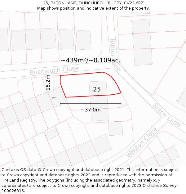 25, BILTON LANE, DUNCHURCH, RUGBY, CV22 6PZ: Plot and title map