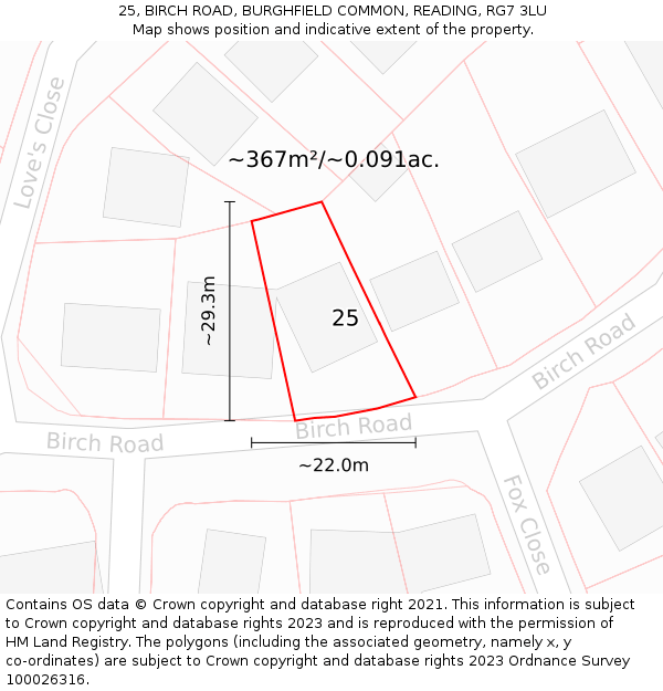 25, BIRCH ROAD, BURGHFIELD COMMON, READING, RG7 3LU: Plot and title map